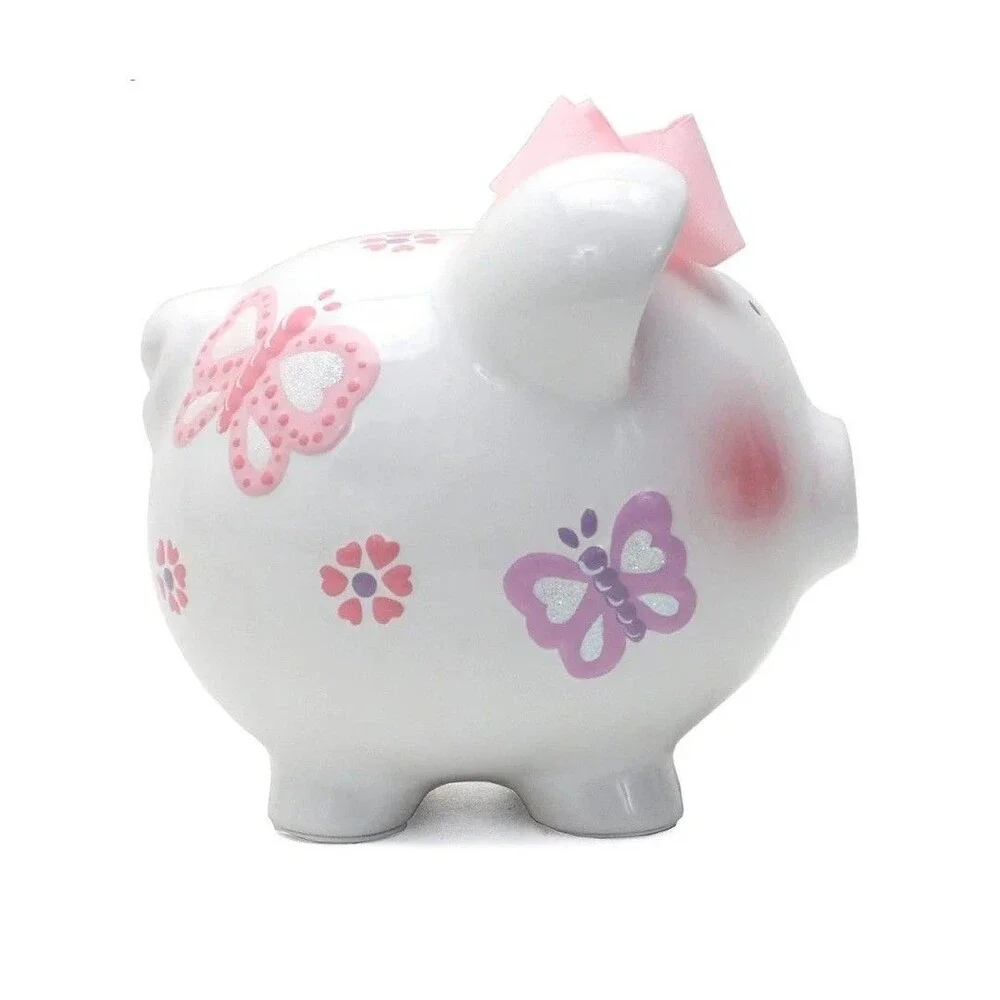 White Piggy Bank w/ Pink Bow, Butterfly & Flower Design, Animal Theme